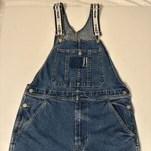 VTG Y2K TOMMY HILFIGER S Blue Jean Denim Overalls Spell-Out Bib Logo 100% Cotton